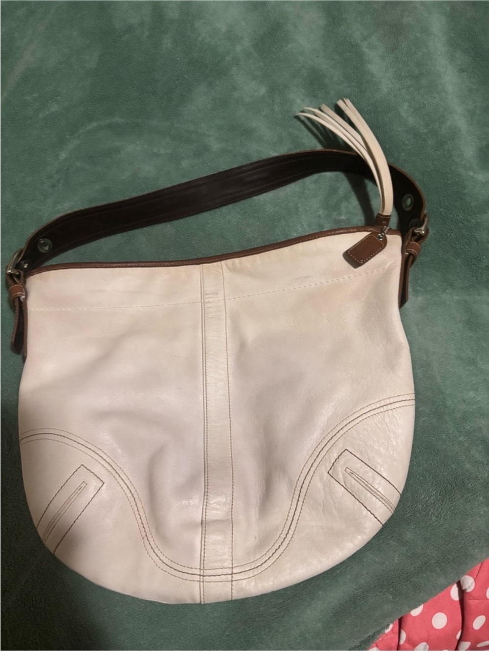 Coach Cream Leather Hobo Shoulder Bag with Brown Trim